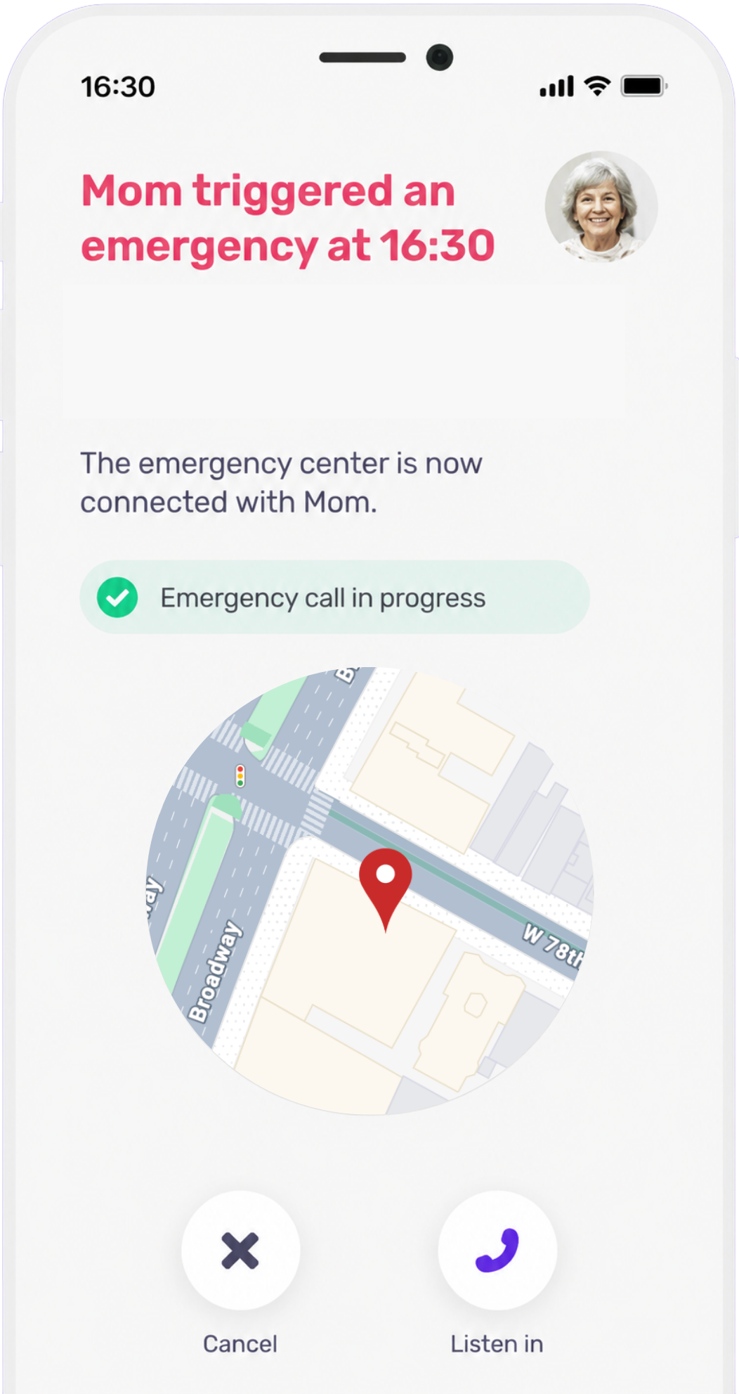 CareWatch companion app alert screen showing an emergency call in progress