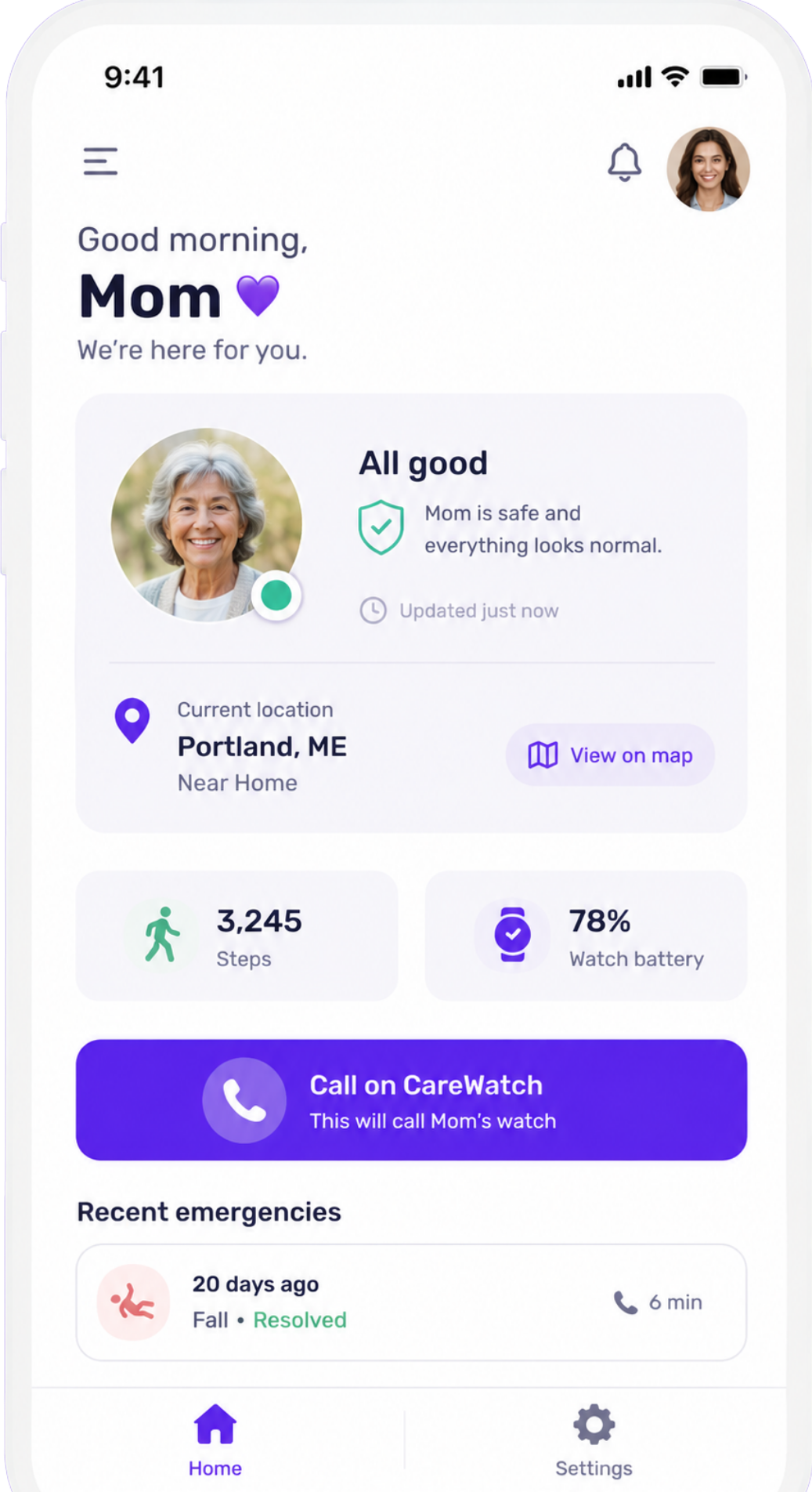 CareWatch companion app home screen showing status, location and battery