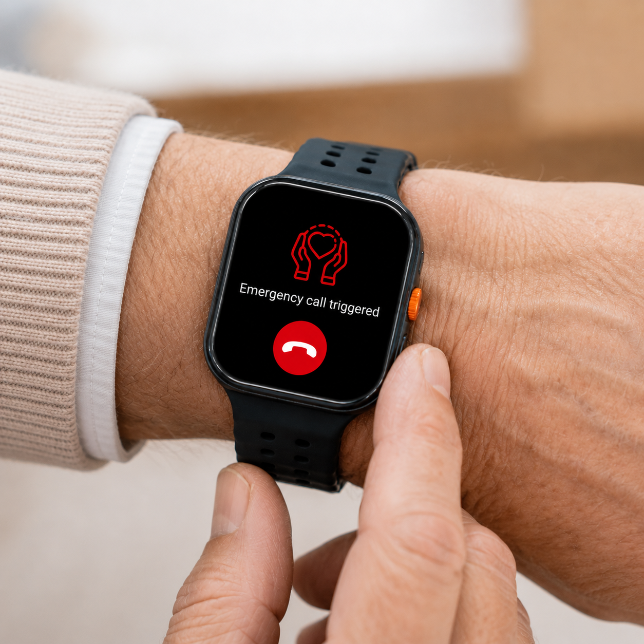 Emergency call triggered on the watch worn on a wrist
