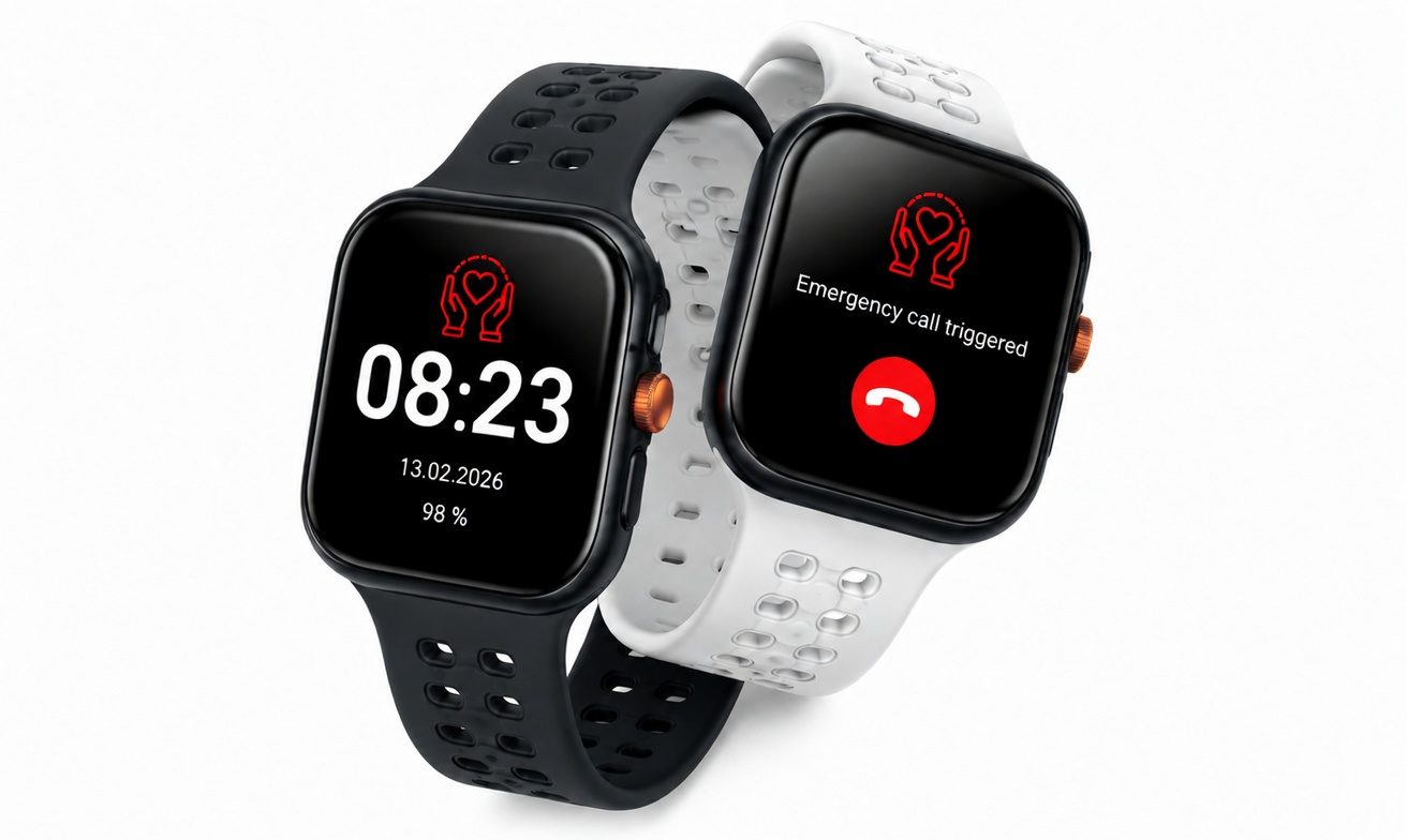 Two emergency smartwatches, one with black band and one with white band